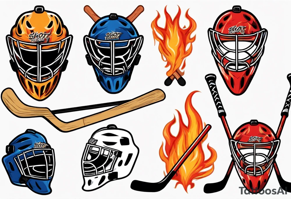 a goalie mask and crossed hockey sticks with flames that says "SHOT HOCKEY" tattoo idea