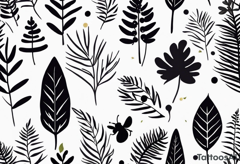 forest floor inspired minimalist tattoo, which includes grass, curly ferns, moss and dead leaves as the bulk of the tattoo. details to include: forest berries, a tiny bumblebee flying nearby, three small brown mushrooms
Generate a vertically long one tattoo idea