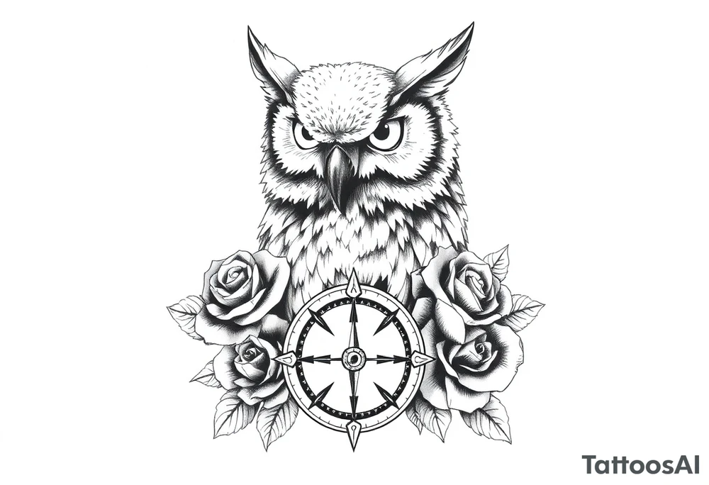 an owl,compass,roses, tattoo idea