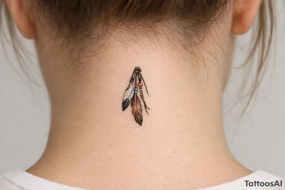 A native American hair piece of feathers on leather strips with beads to be placed on side of my neck as if coming from my hair, for Sioux woman tattoo idea