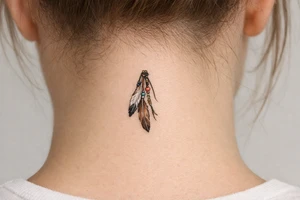 A native American hair piece of feathers on leather strips with beads to be placed on side of my neck as if coming from my hair, for Sioux woman tattoo idea
