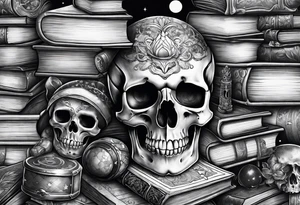 book stacks with skulls and outer space tattoo idea