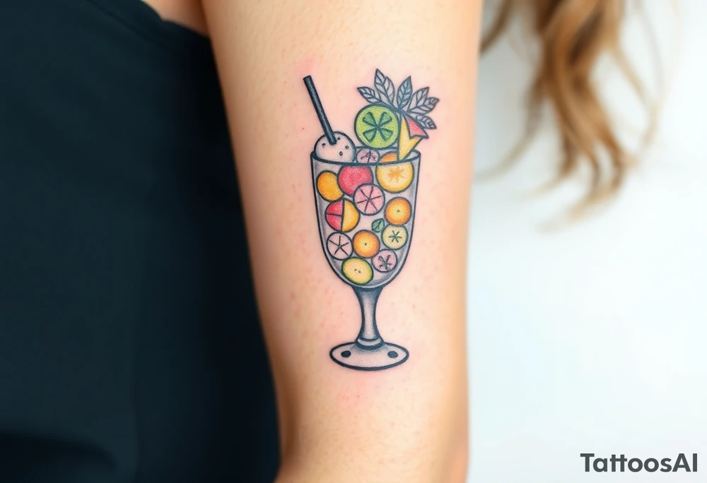 Fun cocktail that you would get on a Caribbean cruise in a rocks glass with lots of garnishes tattoo idea