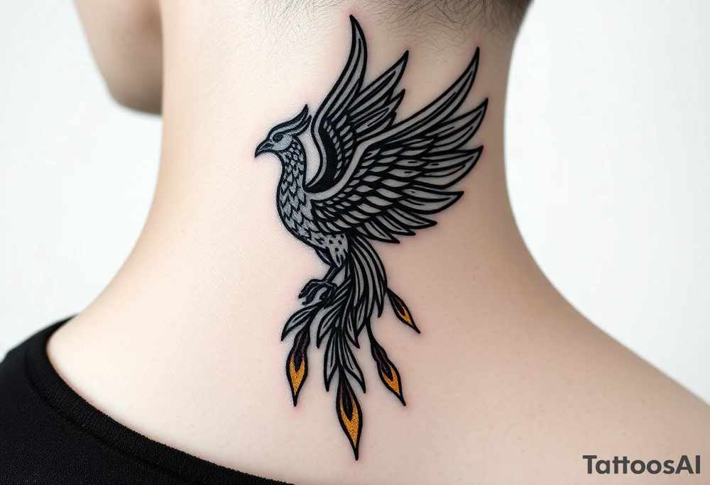 magnificent phoenix rising from golden flames with trailing embers tattoo idea