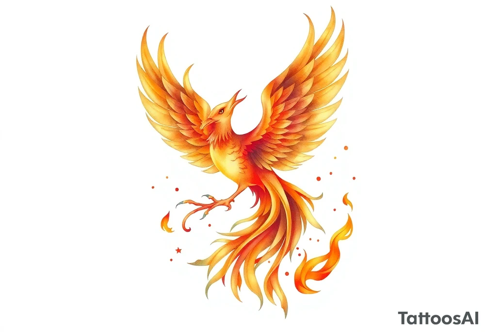 magnificent phoenix rising from golden flames with trailing embers tattoo idea
