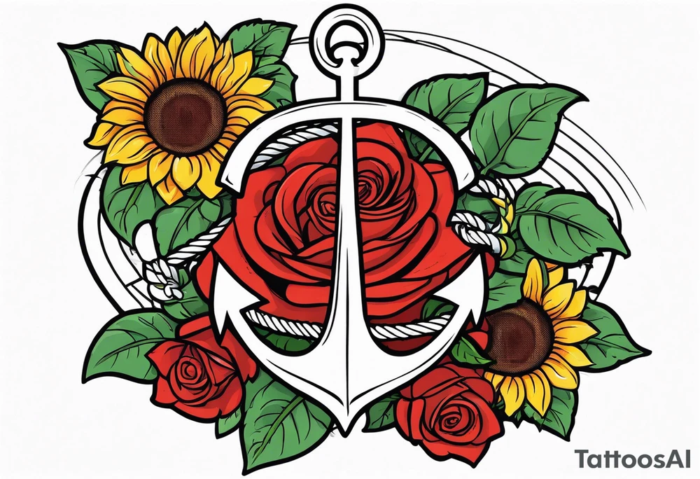 Anchor, wrapped in rope, with sunflowers and red roses 
throughout, thigh tattoo tattoo idea