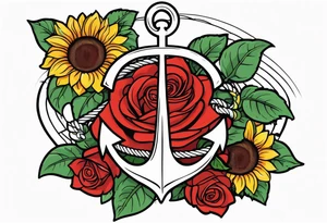 Anchor, wrapped in rope, with sunflowers and red roses 
throughout, thigh tattoo tattoo idea