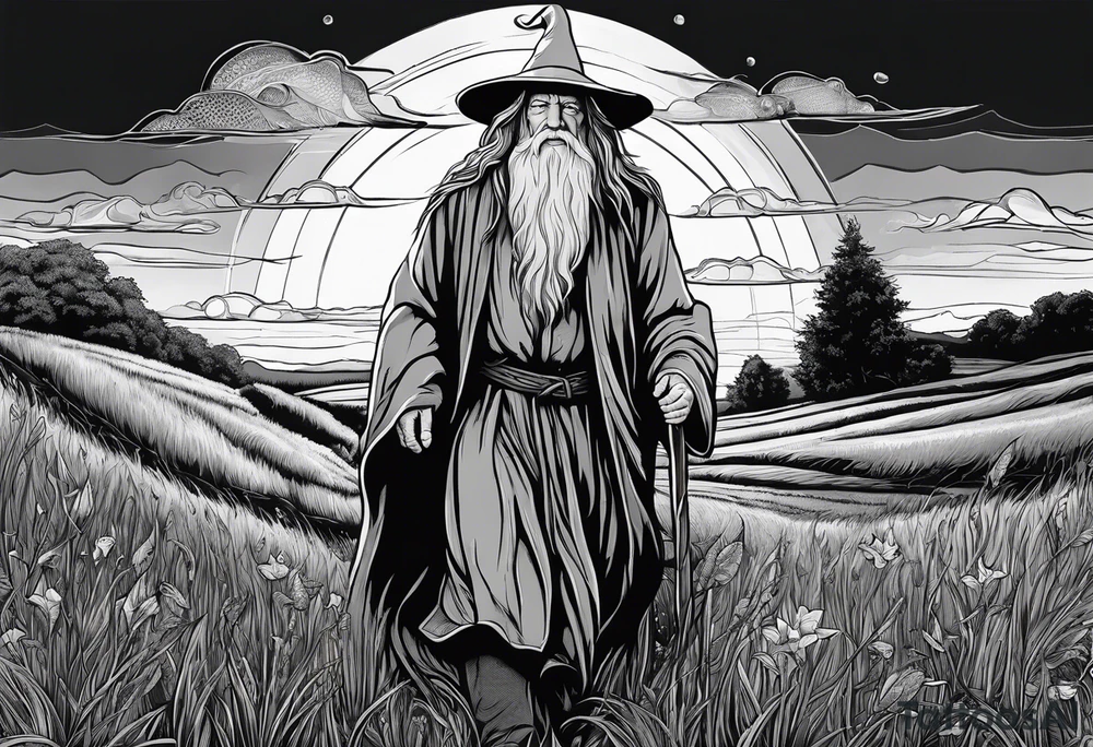 gandalf walking into a field made out of fish tattoo idea