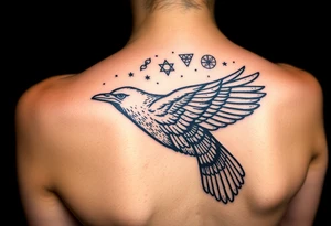 Raven with starry sky background with zodiac constellations in it with runes in sky tattoo idea