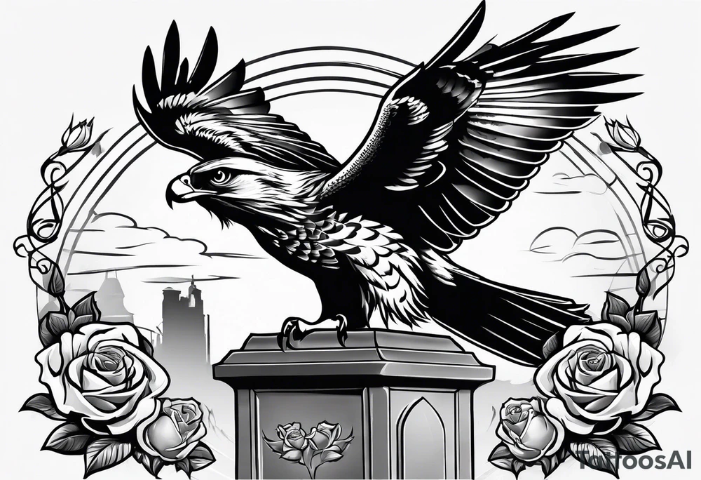 Hawk with rose in mouth flying down on a tombstone tattoo idea