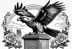 Hawk with rose in mouth flying down on a tombstone tattoo idea