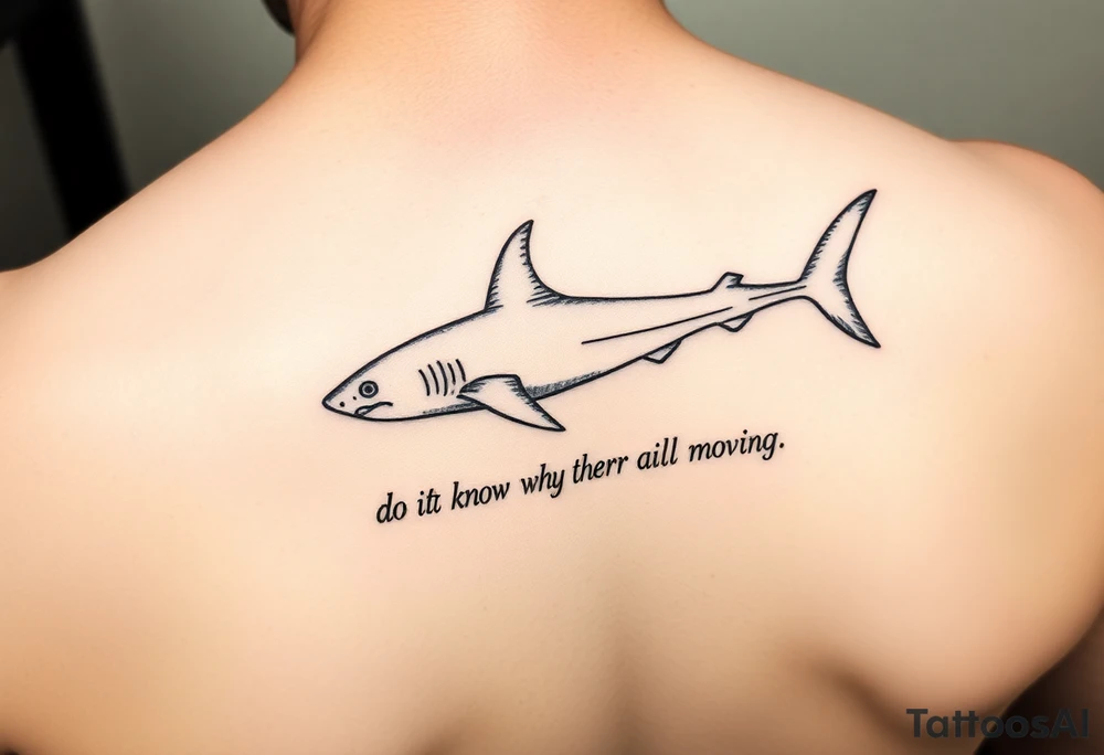 Shark on spine with words “do you know why sharks keep moving” tattoo idea
