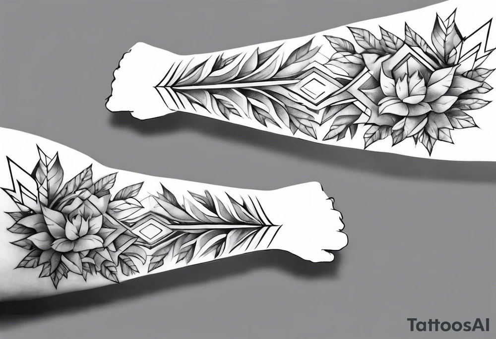 full arm tattoo. pointy leaves combined with geometric shapes. whole arm tattoo idea
