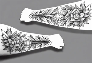 full arm tattoo. pointy leaves combined with geometric shapes. whole arm tattoo idea
