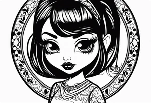 Bratz Doll Flash style Tattoo with black hair and curtain bangs, with a nose ring tattoo idea