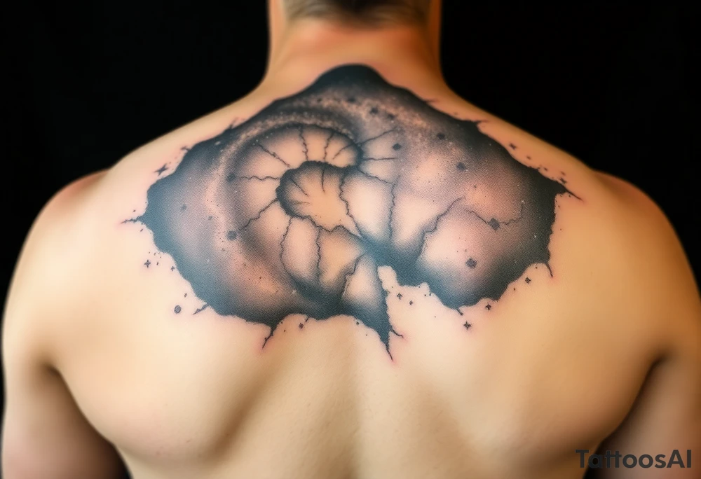 Beautiful and epic 3d milky way that appears to be what is beneath the skin. Make it drape over the shoulder and move to the middle back. use negative spaces to create stars and dust. Incorporate God breathing life into the universe. IKeep it symmetrical tattoo idea