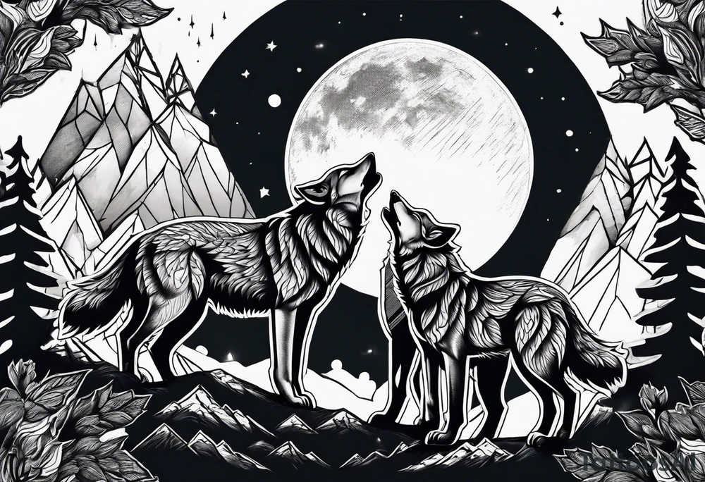 Wolfs with 4 cubs howling at blood moon tattoo idea