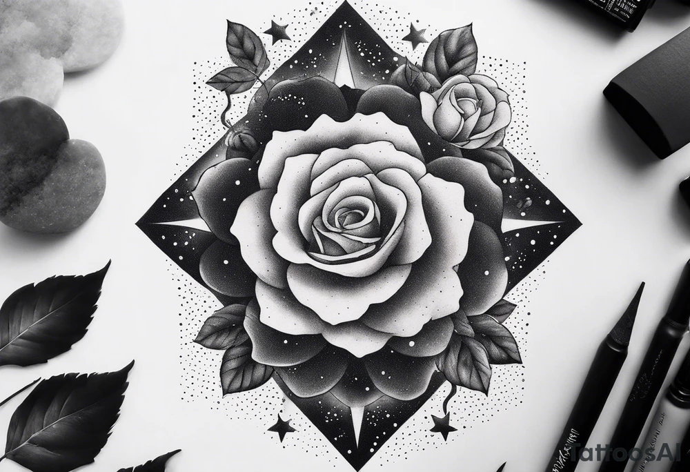Clouds with tesseract inside and small roses and stars around it tattoo idea