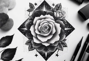 Clouds with tesseract inside and small roses and stars around it tattoo idea