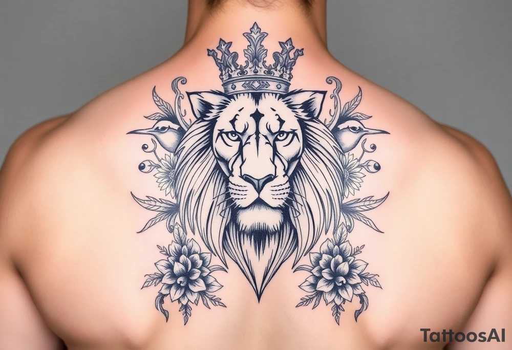 powerful majestic lion with a crown, surrounded by floral ornaments and birds tattoo idea