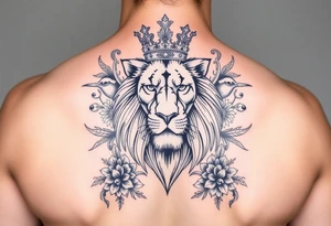 powerful majestic lion with a crown, surrounded by floral ornaments and birds tattoo idea