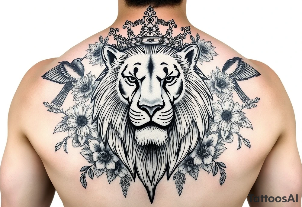 powerful majestic lion with a crown, surrounded by floral ornaments and birds tattoo idea