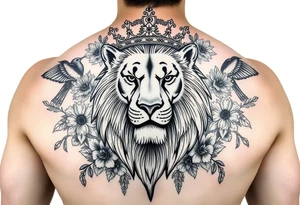 powerful majestic lion with a crown, surrounded by floral ornaments and birds tattoo idea
