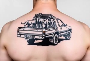 N70 toyota hilux hunting ute with dogs standing on the back of the tray tattoo idea