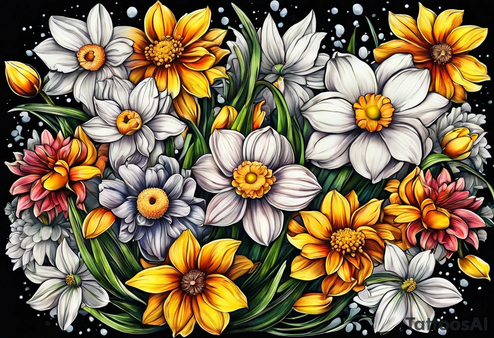 Narcissus, Chrysanthemum, Cosmos, snow drop that shows all the flower stems in a bouquet for the back of the arm. tattoo idea