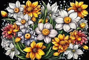 Narcissus, Chrysanthemum, Cosmos, snow drop that shows all the flower stems in a bouquet for the back of the arm. tattoo idea