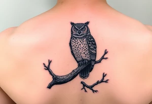 wise owl perched on ancient oak branch under starlit sky tattoo idea