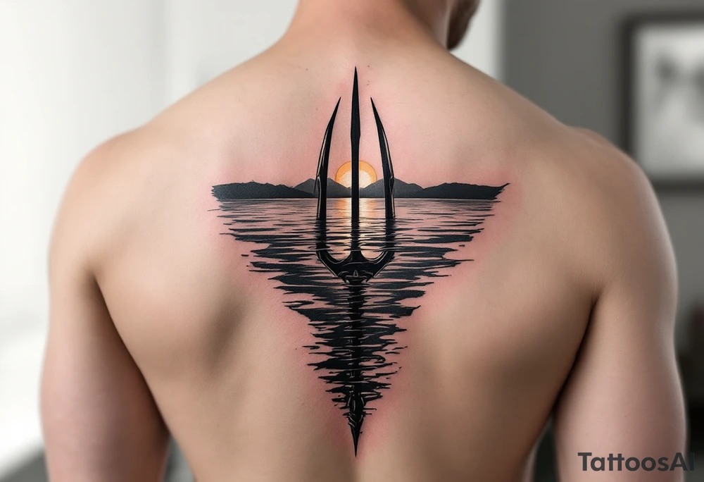 trident half way under calm water with sunset tattoo idea