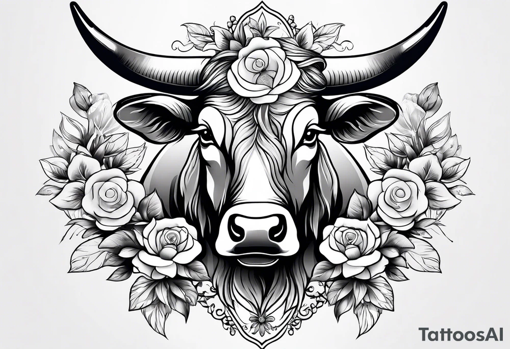 bull with flowers feminine tattoo idea