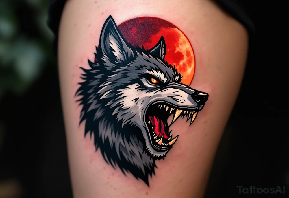 Snarling wolf under a lunar eclipse, with half-red, half-shadowed moon in the sky, done in bold black, gray, and red ink. tattoo idea