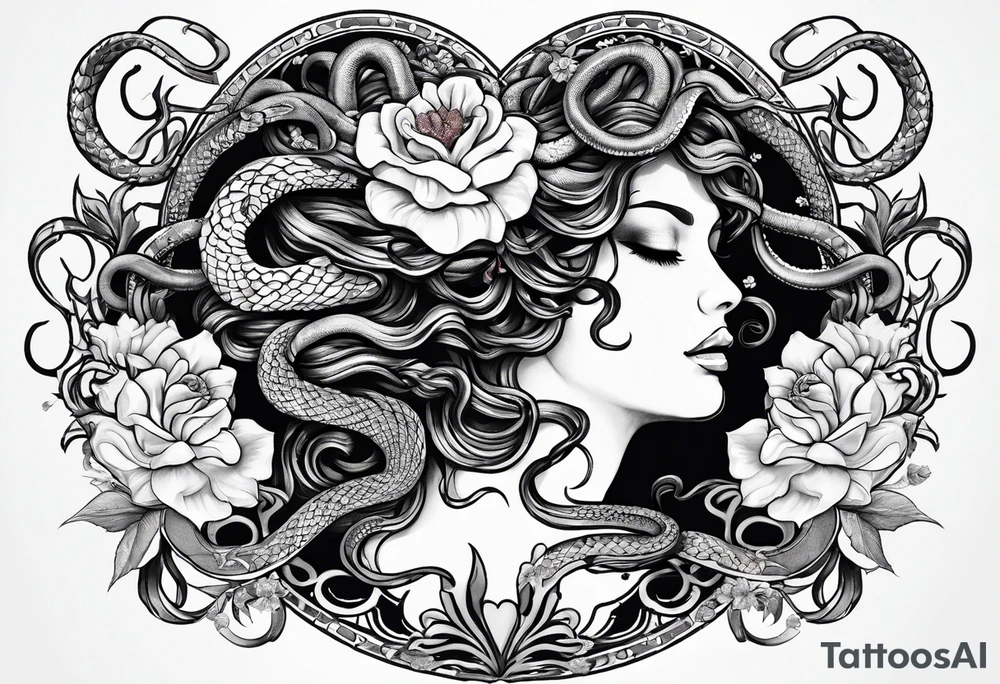 Medusa head with snakes and flowers in medusa's hair. One of the snakes eating a heart. tattoo idea