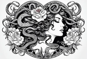 Medusa head with snakes and flowers in medusa's hair. One of the snakes eating a heart. tattoo idea