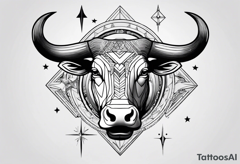 Taurus head with the planets positions on May 20th, 1989. With an arrow splitting the head. Half geometric and half realistic tattoo idea