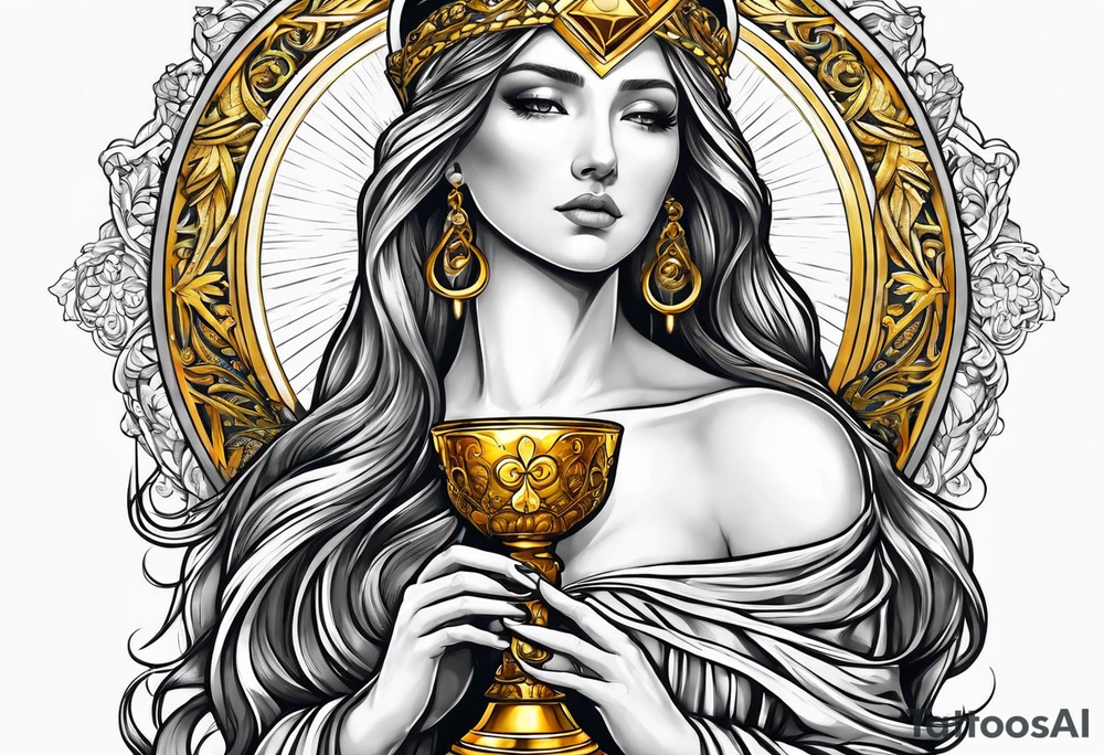 holy saint woman turned away with golden halo holding a chalice tattoo idea