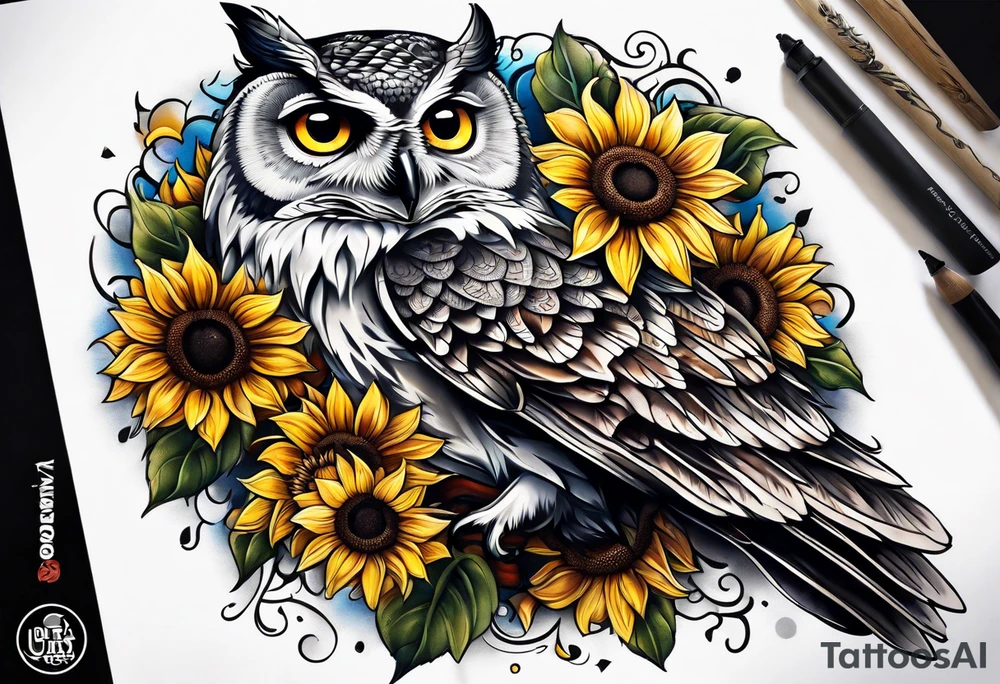 Owl and sunflower sleeve tattoo idea