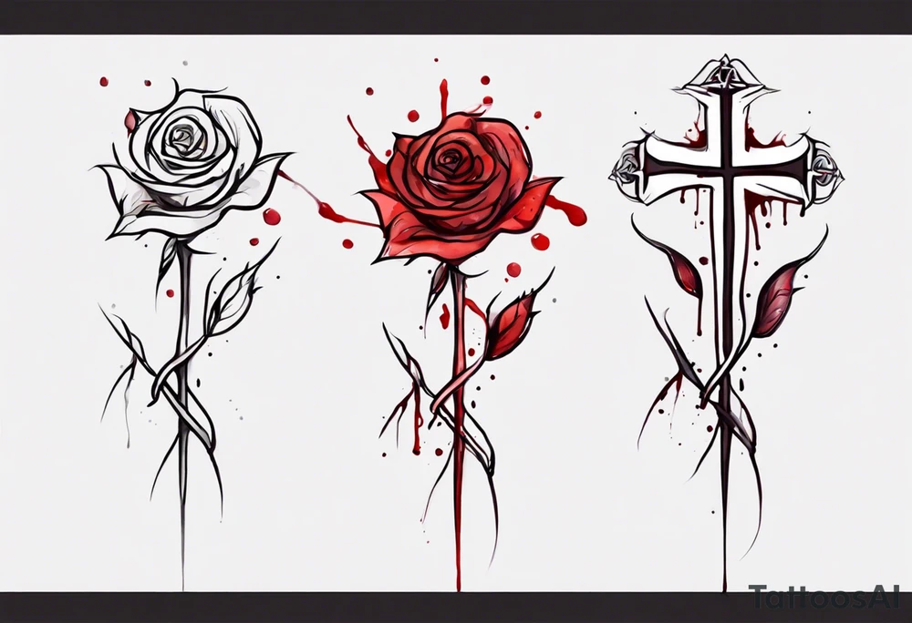 rose flower, one line, red blood dripping from the flower, tall, watercolor, with the Christian cross as the stem tattoo idea