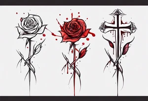 rose flower, one line, red blood dripping from the flower, tall, watercolor, with the Christian cross as the stem tattoo idea
