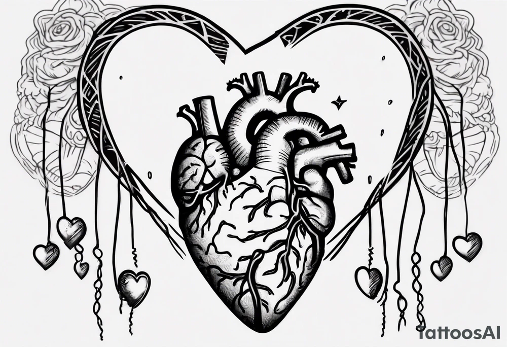 Heart and brain in line art, held down by a woman's hand holding them by string tattoo idea