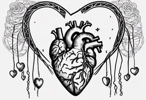 Heart and brain in line art, held down by a woman's hand holding them by string tattoo idea