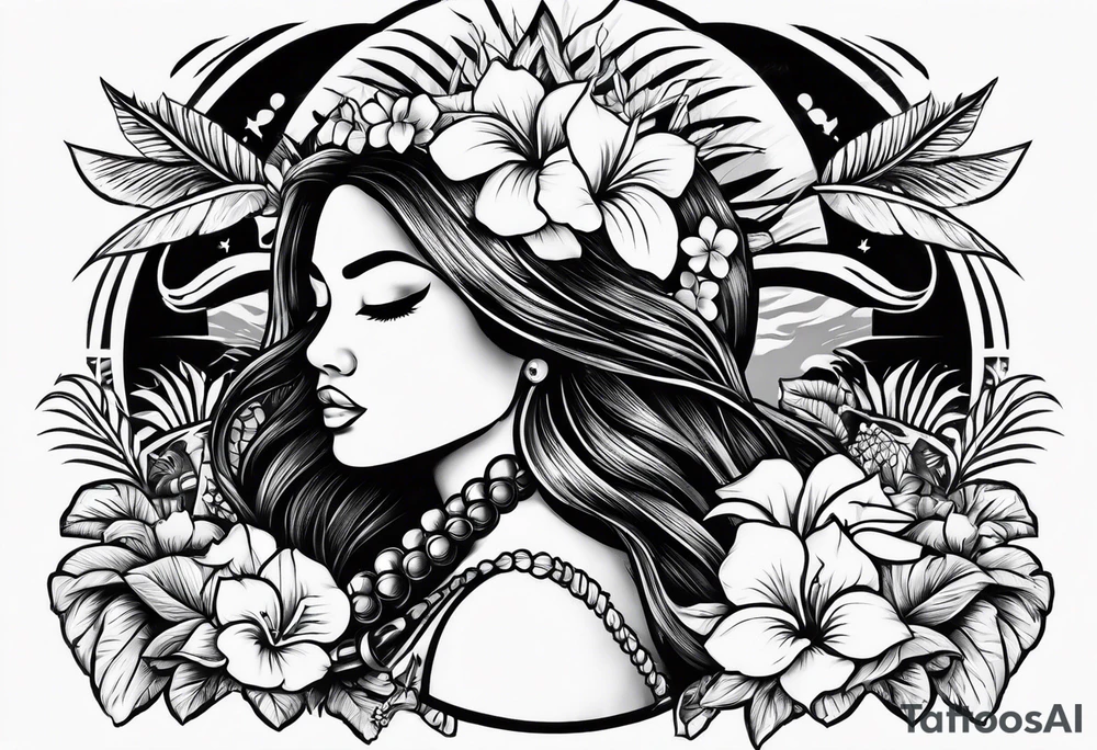 old school tattoo of hula girl in hawaii who play with gun tattoo idea