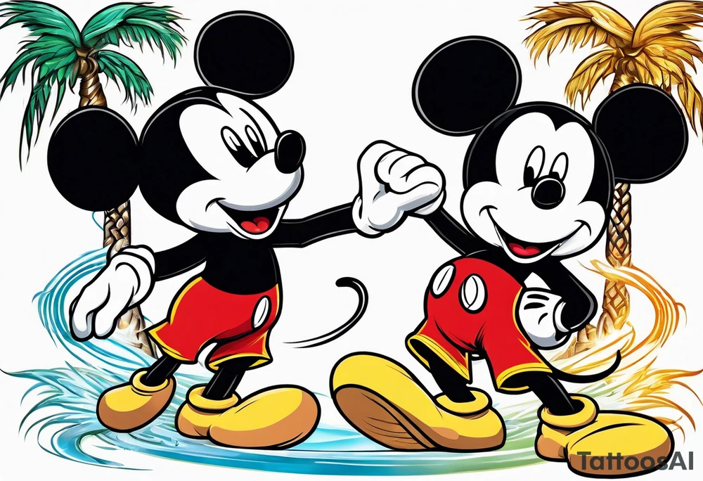 mickey mouse doing martial arts with palm trees, lightning storm and the celtic symbol for family tattoo idea