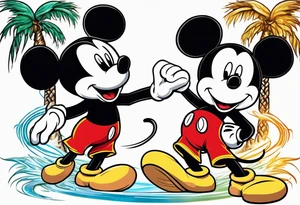 mickey mouse doing martial arts with palm trees, lightning storm and the celtic symbol for family tattoo idea