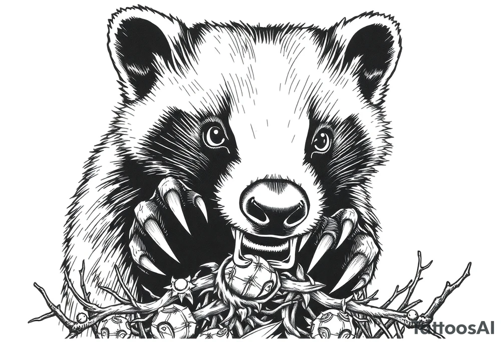 An eye view of a bloodthirsty beekeeper badger showing its claws over a thorny bush tattoo idea