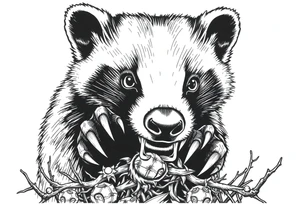 An eye view of a bloodthirsty beekeeper badger showing its claws over a thorny bush tattoo idea