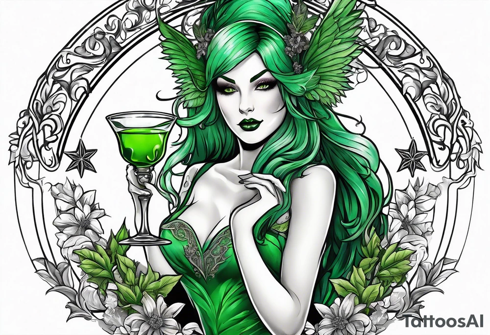 evil green fairy holding a glass of absinthe, wormwood and star anise trim tattoo idea