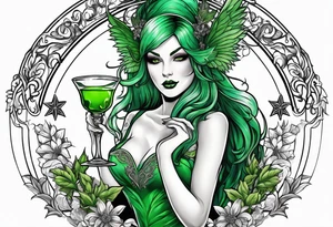 evil green fairy holding a glass of absinthe, wormwood and star anise trim tattoo idea